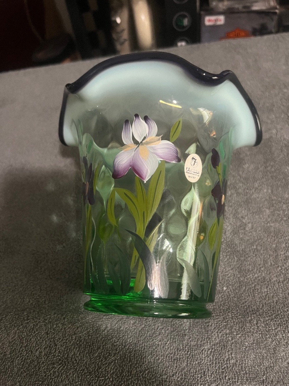 Fenton Designer Showcase Series , Green Opal Glass Vase w/ Purple Iris ,Signed